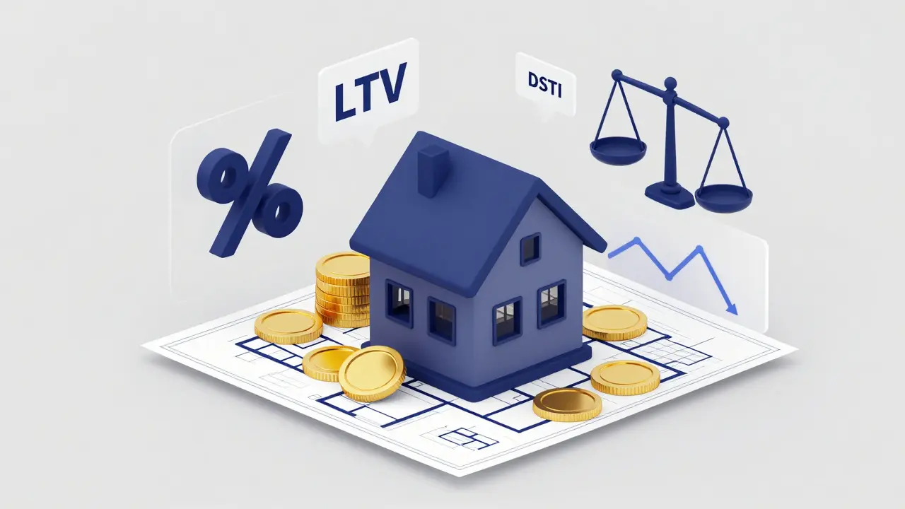 Konceptuální 3D ilustrace hypotéky s finančními ukazateli LTV a DSTI.
