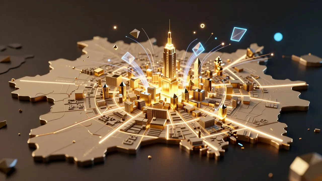 Konceptuální mapa Brna znázornující růst cen v centru města.