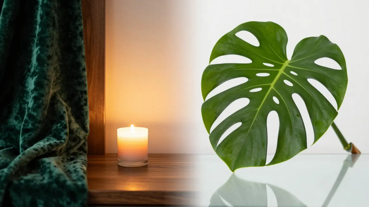 Konceptuální srovnání zimních tmavších tónů a letní svěžest s rostlinou Monstera.