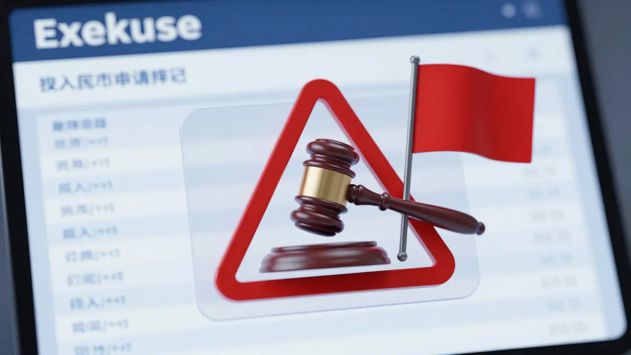 Konceptuální zobrazení digitálního katastru nemovitostí s červenou varovnou vlajkou.