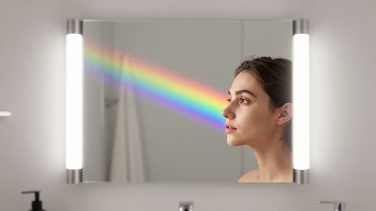 Konceptuální zobrazení spektra světla a indexu podání barev CRI u zrcadla.