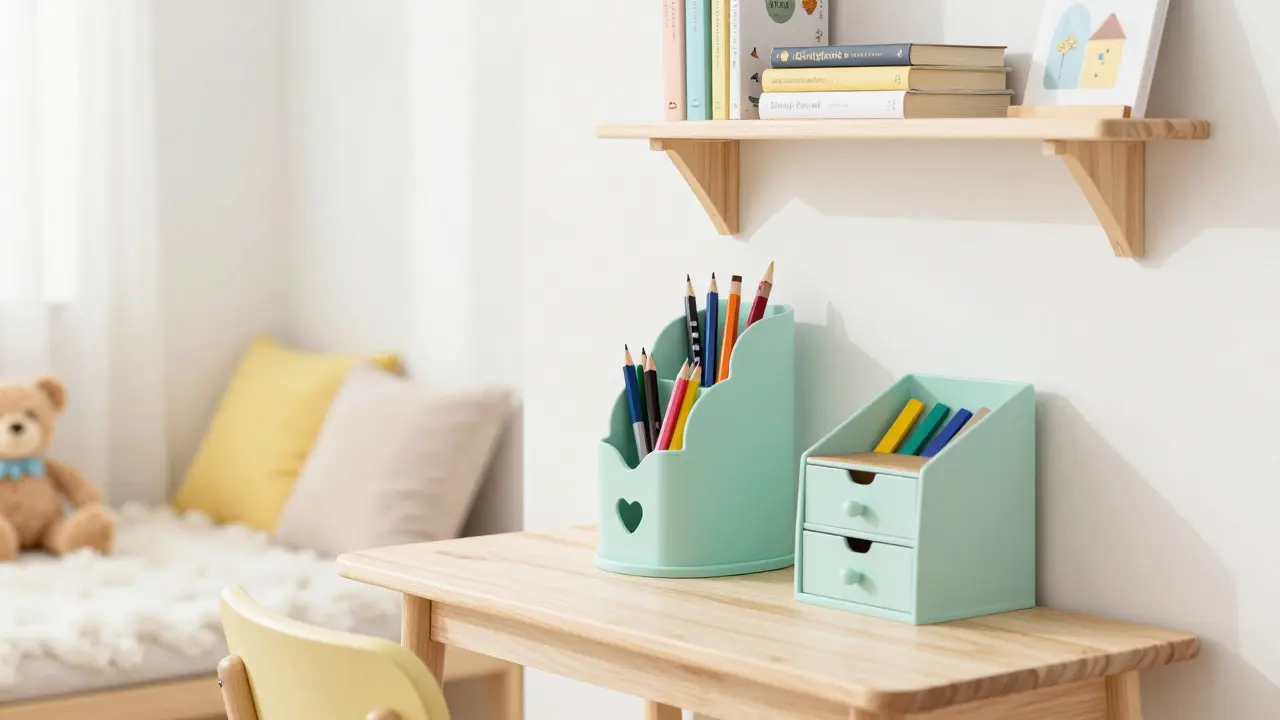 Kreativní koutek s organizéry na výtvarné potřeby a využitím vertikálního prostoru.