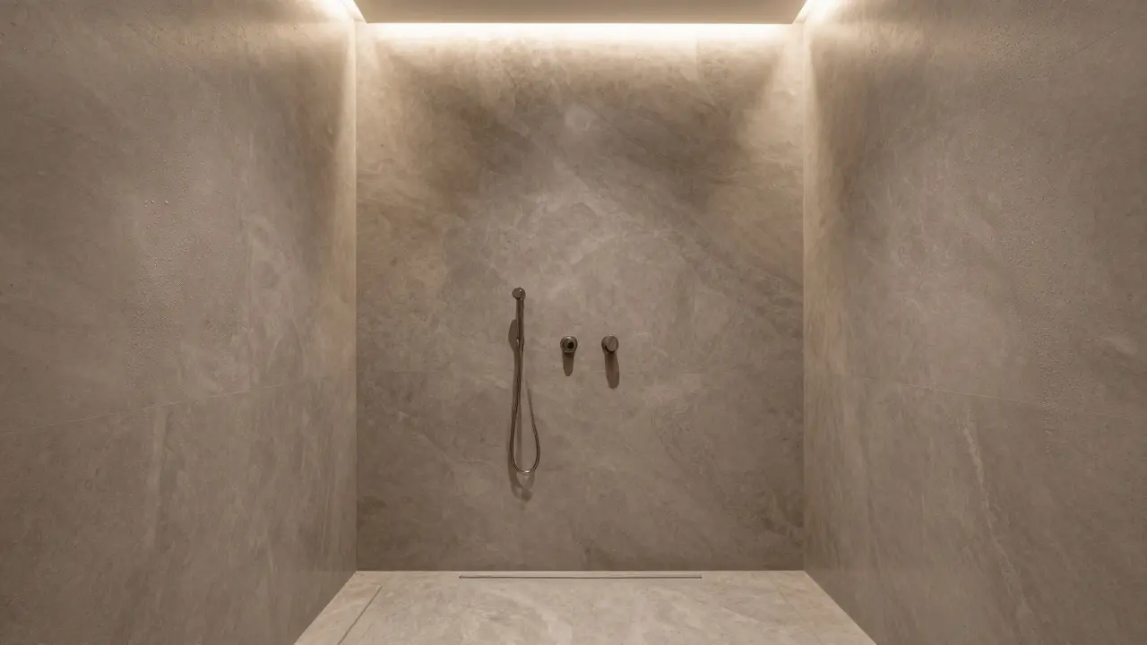 Luxusní sprchový kout s voděodolným povrchem z texturovaného mikrocementu.