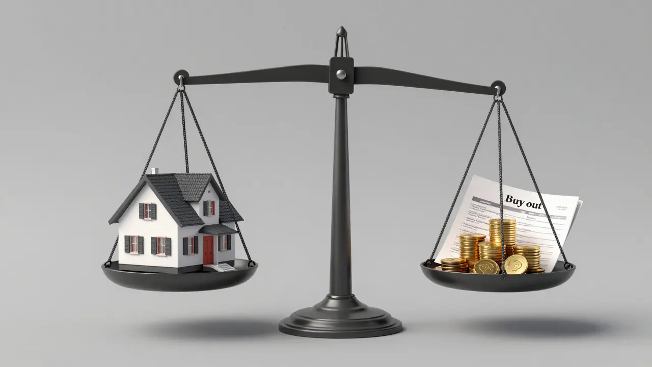 Miniaturní dům na vahách vyvažovaný zlatými mincemi a dokumenty.