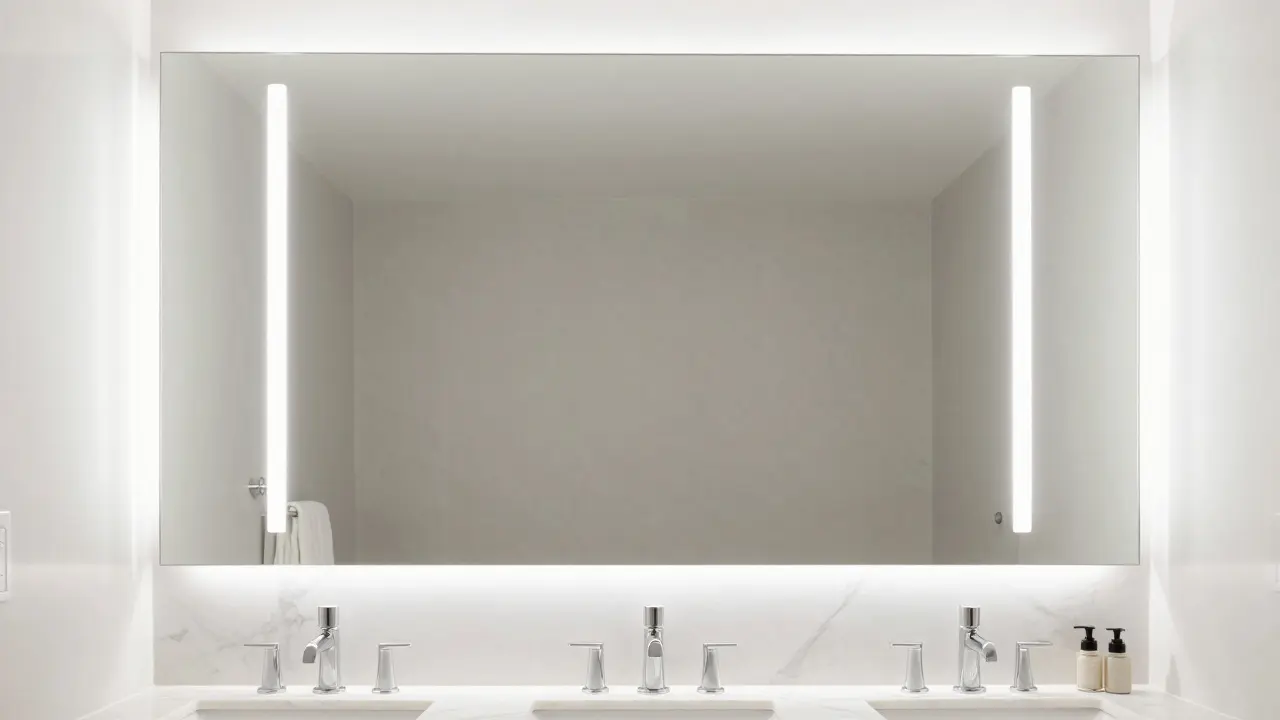 Moderní koupelně se symetrickým bočním osvětlením zrcadla bez stínů.