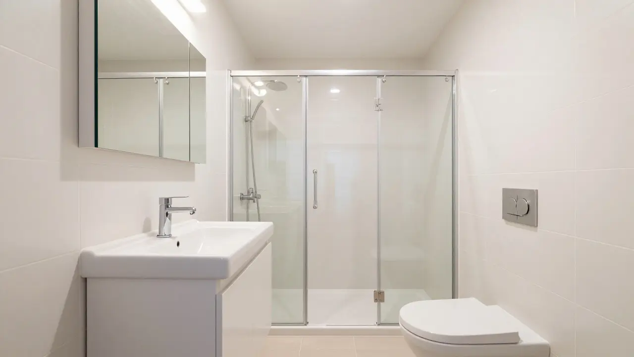 Moderní malá koupelna v paneláku se světlými obklady a kompaktním vybavením.