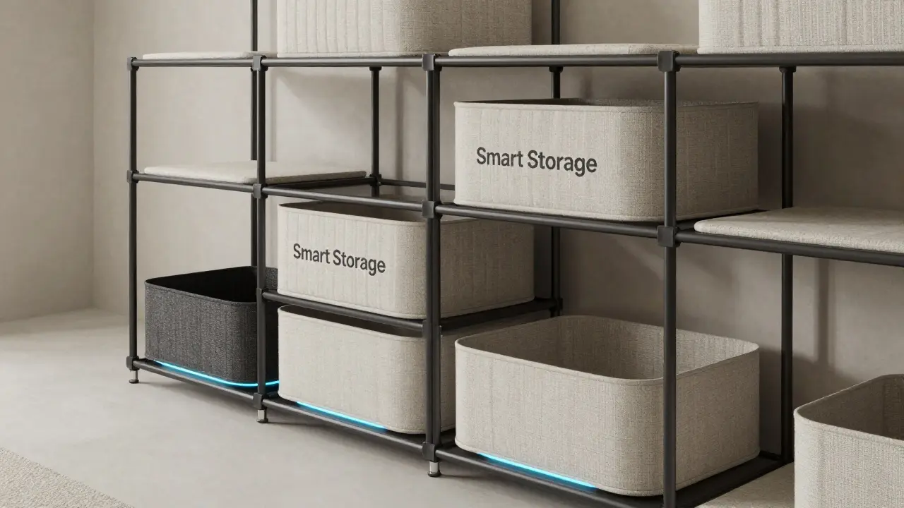 Moderní modulární úložný systém s kombinací kovu, látky a chytrých senzorů.