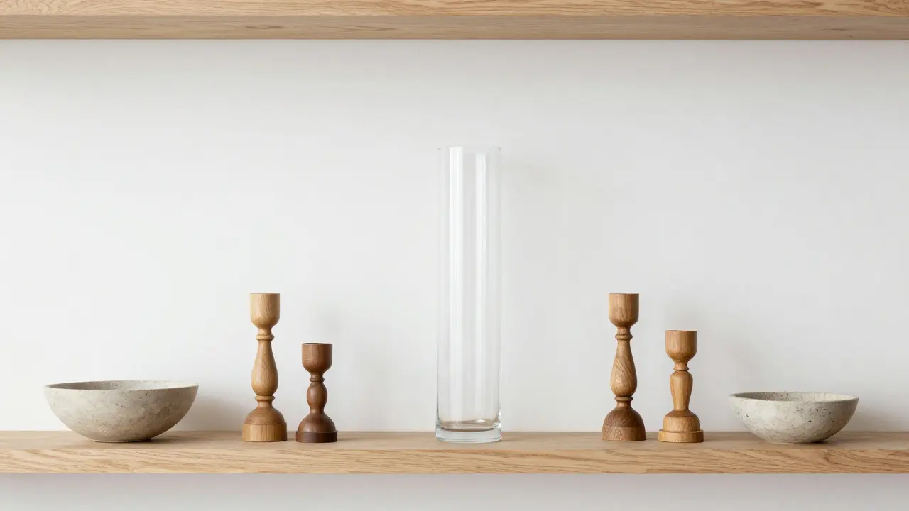 Moderní police s předměty různých výšek uspořádanými do harmonické vizuální pyramidy.