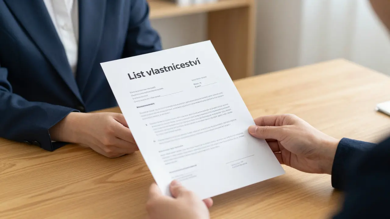 Realitní makléř předkládá aktuální list vlastnictví klientovi u stolu.