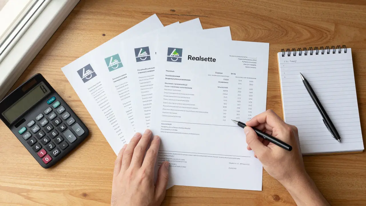 Ruce organizující faktury a znalecký posudek na stole s kalkulačkou.