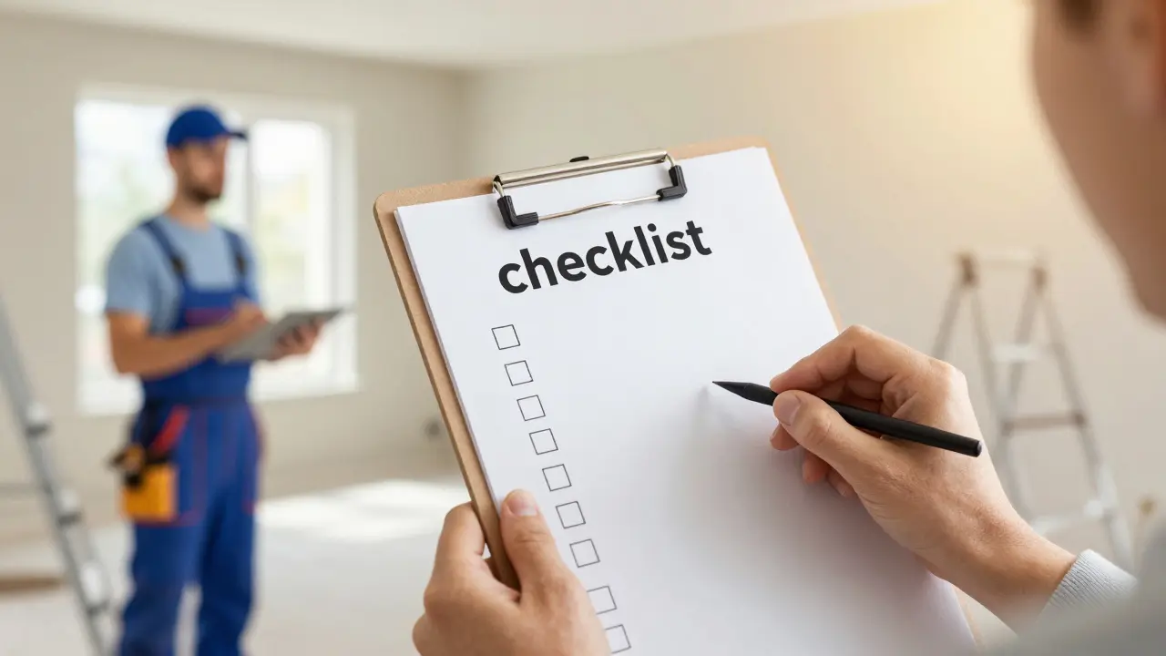 Ruka odškrtávající kontrolní seznam při dokončení kvalitní rekonstrukce domu.