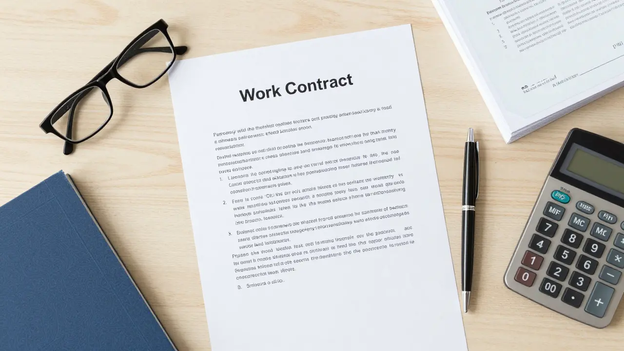 Smlouva o dílo, propisovací perplex a dokumenty na dřevěném stole.