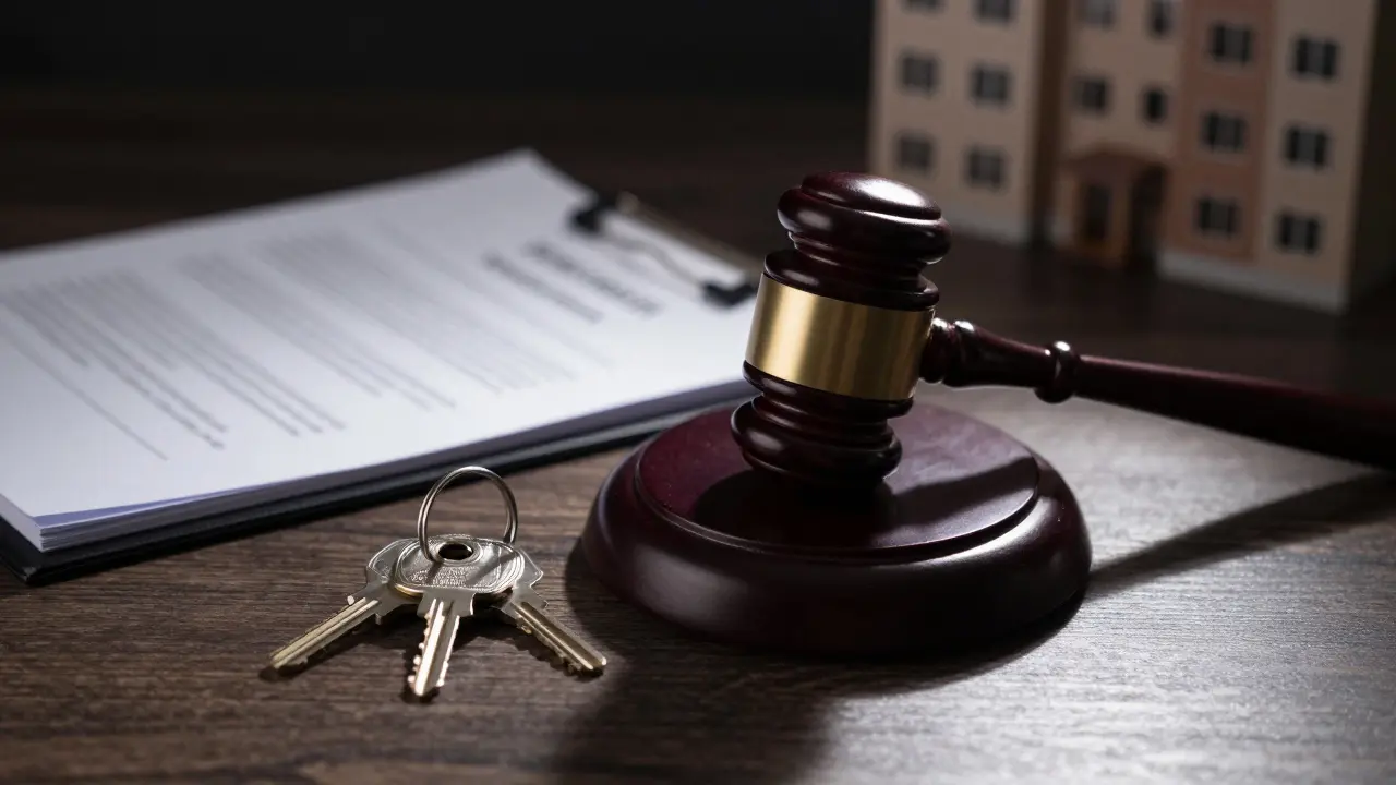 Soudní kladivo, klíče od bytu a právní dokumenty na stole.