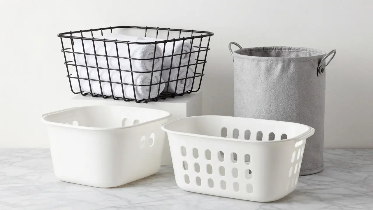 Srovnání materiálů: kovový, plastový a textilní úložný koš na mramoru.