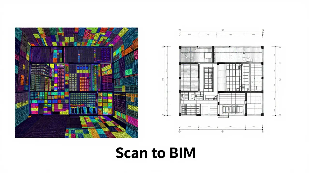 Srovnání mračna bodů z 3D skenování a výsledného přesného architektonického výkresu.
