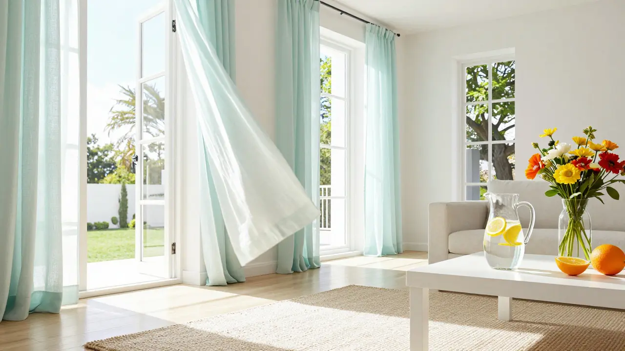 Světlý a vzdušný letní interiér s lněnými závěsy, čerstvými květinami a přirozeným světlem.