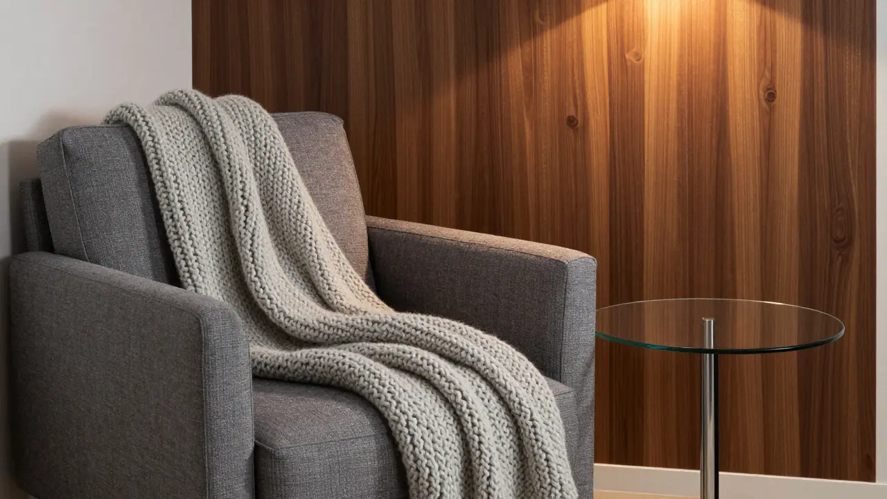 Útulný kout v obýváku s vlněným přehlohem, skleněným stolkem a dřevěným panelem.