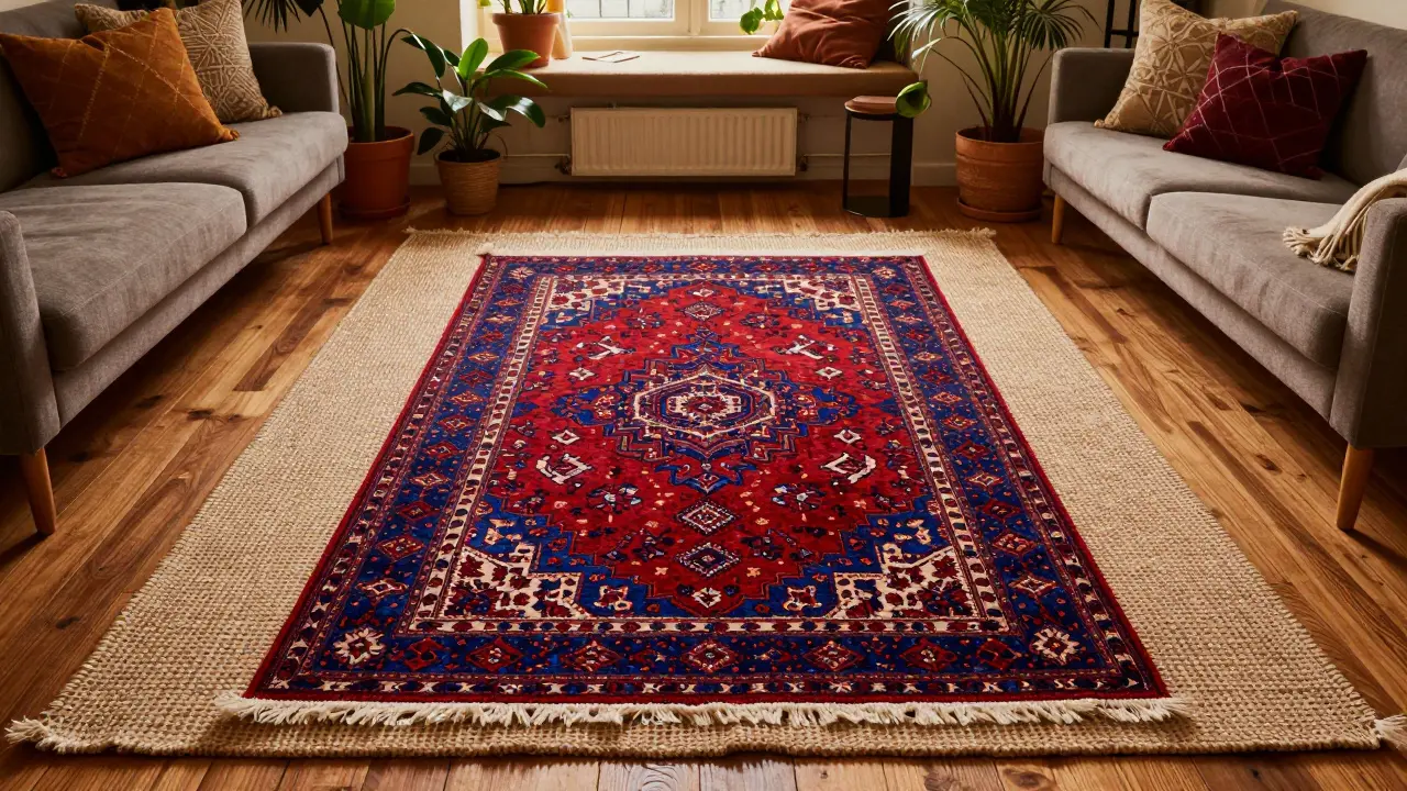 Vrstvení velkého jutového koberce a menšího vzorovaného koberce