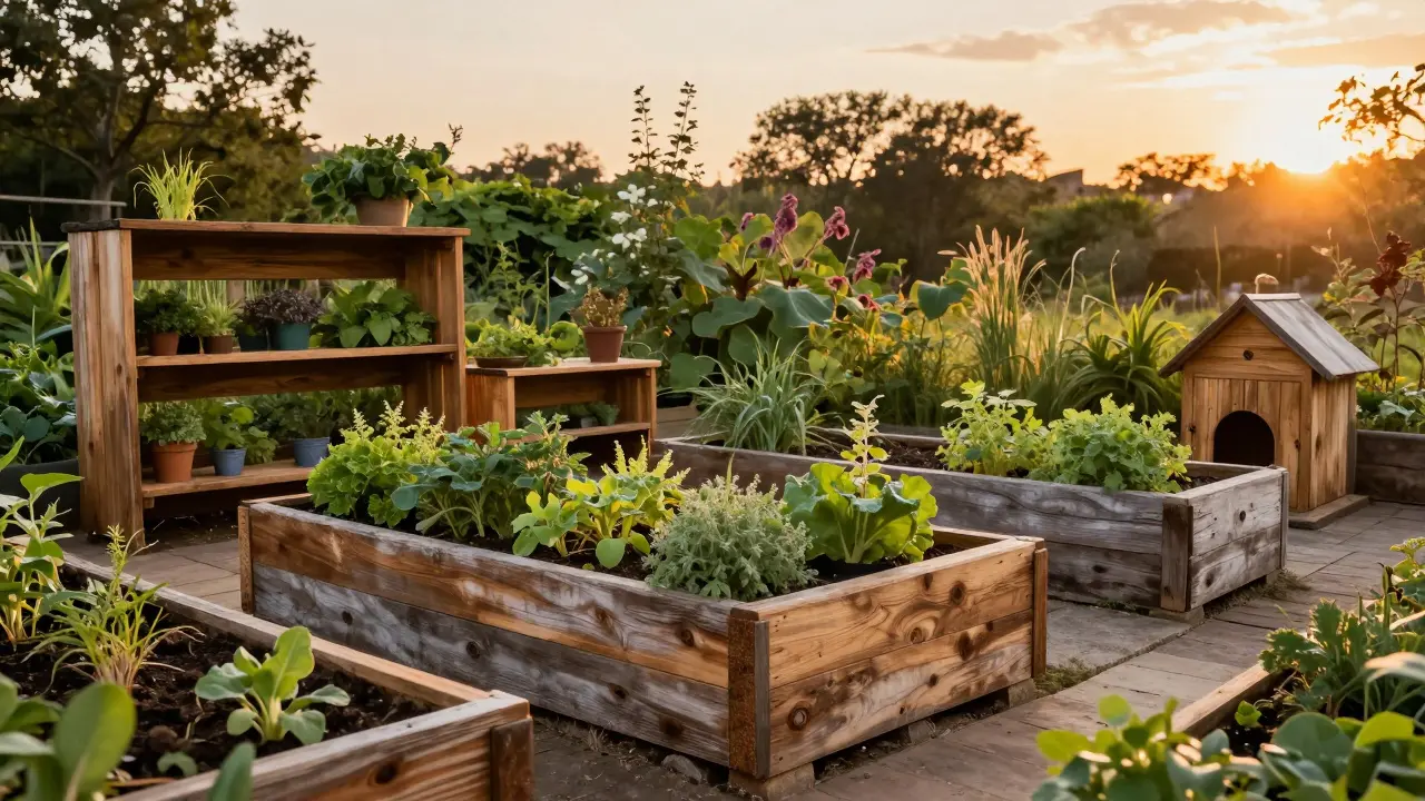 Zahradní vyvýšené záhony a pelíšek pro psa vyrobené z recyklovaného dřeva.