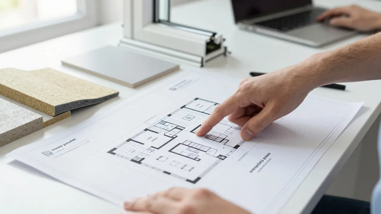 Architekt kontroluje projektovou dokumentaci a statické posudky na stole
