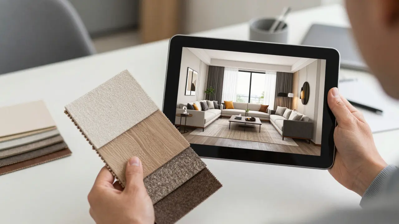 Designér porovnává 3D vizualizaci na tabletu s materiály