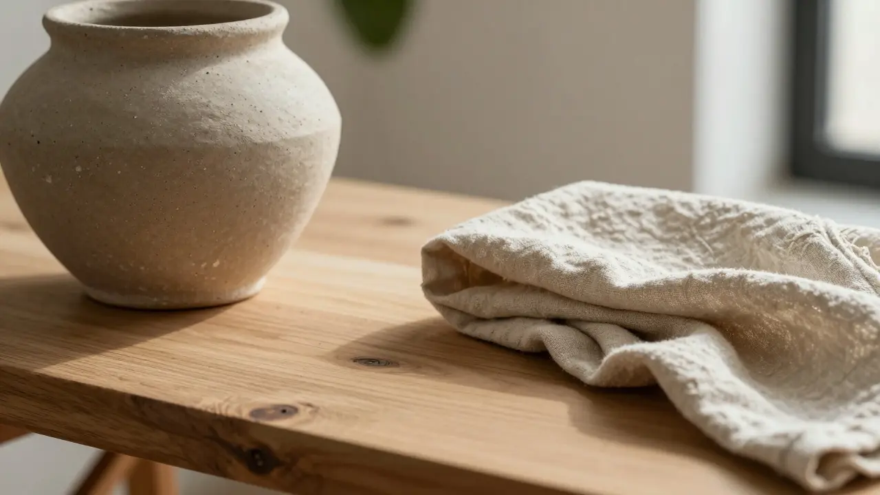 Detail přírodních materiálů: dřevo, keramika a lněná látka ve stylu wabi-sabi