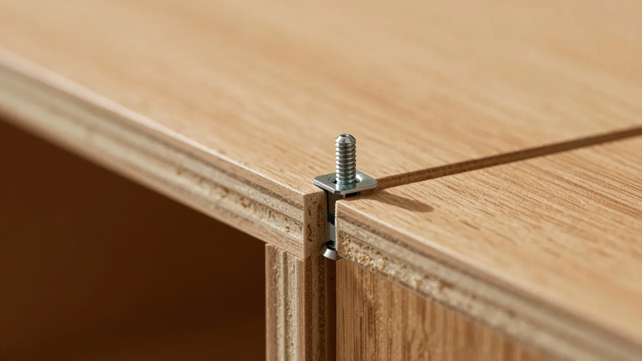Detail spoje u levného nábytku ukazující kvalitu materiálů