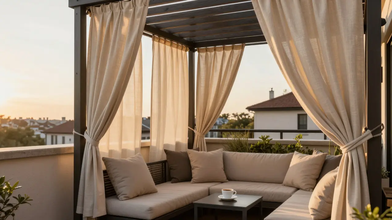 Elegantní balkon s závěsy z outdoorové látky v pozdním odpoledním světle.