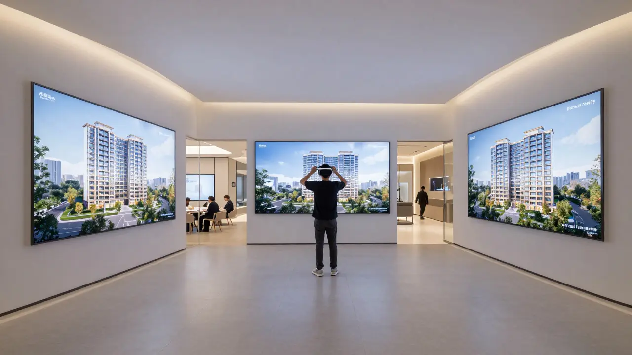 Návštěvník v VR brýlích prohlíží virtuální model bytu