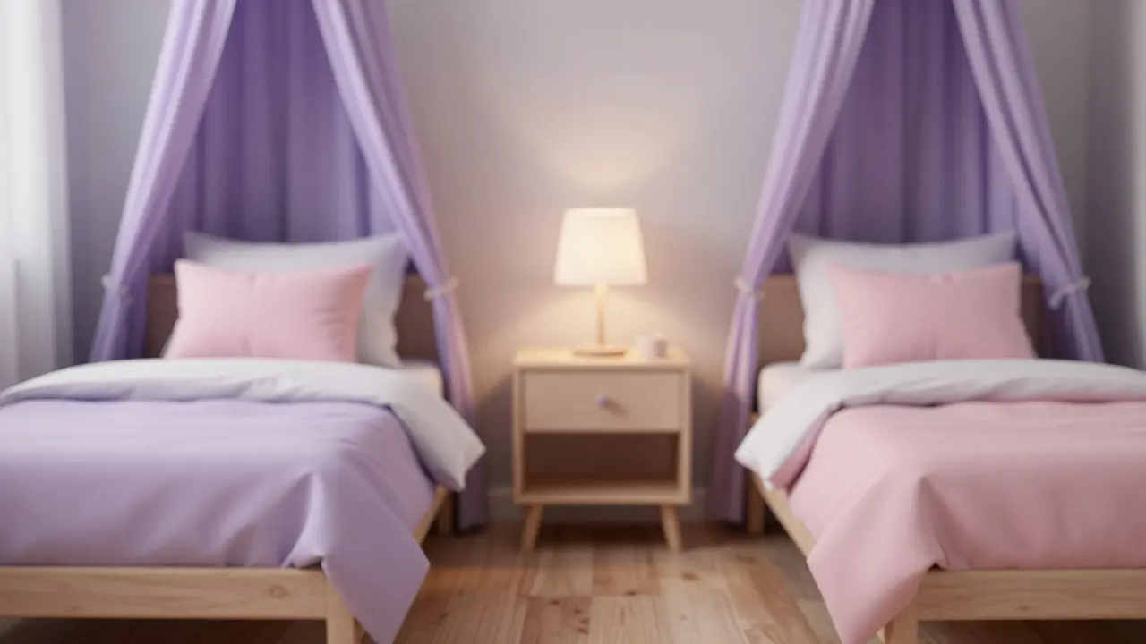 Sdílený dětský pokoj s levandulovými a růžovými akcenty na šedém pozadí