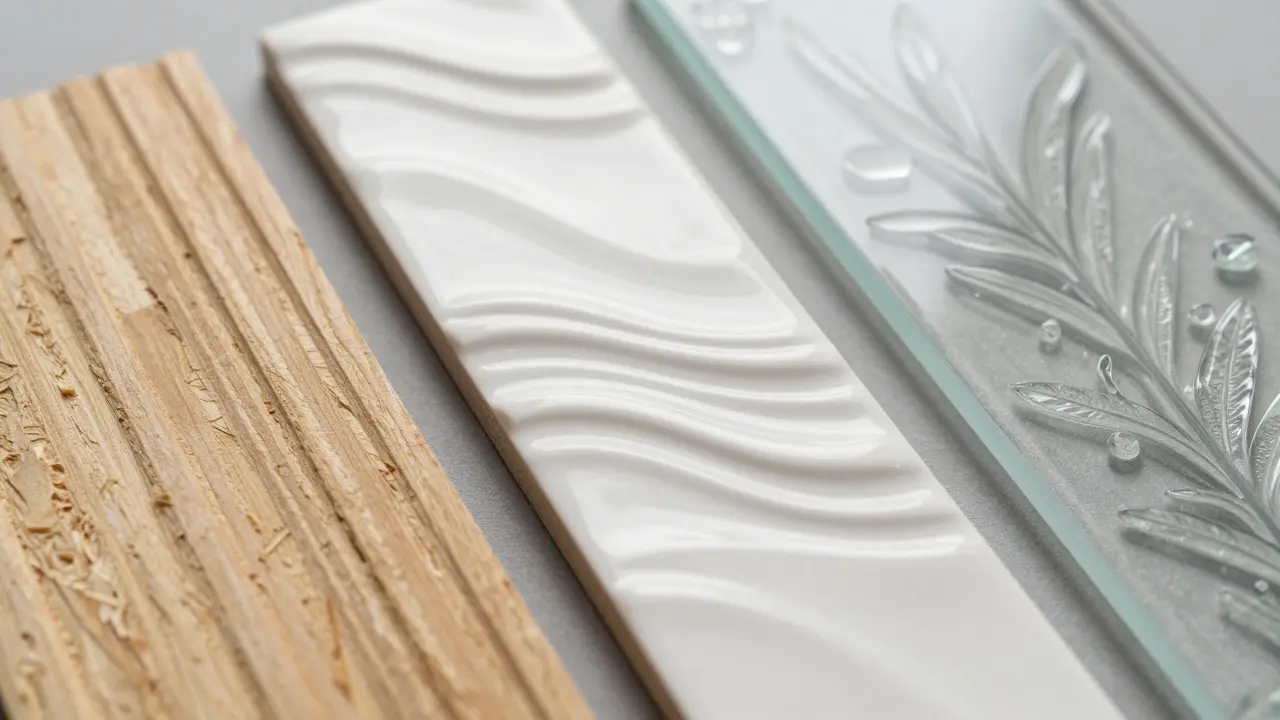 Detailní záběr texturovaných stěnových materiálů: MDF, keramika a sklo