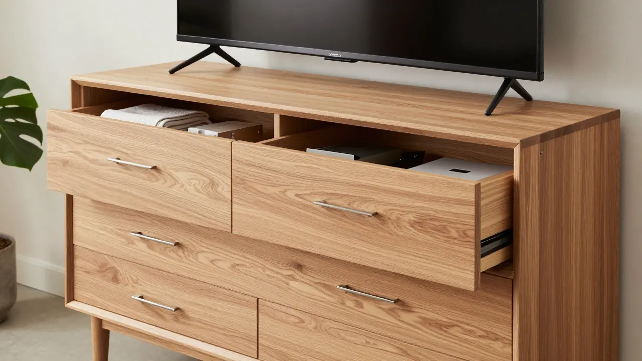 Elegantní komoda z masivního dřeva pod televizí v minimalistickém interiéru