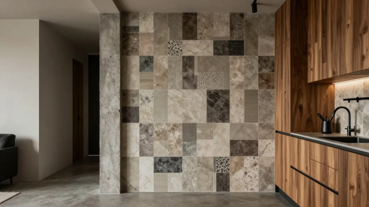 Moderní loftsý interiér kombinující patchwork obklady s dřevem a betonem