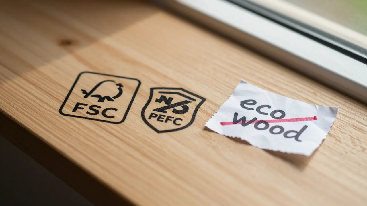 Detail dřevěného povrchu s certifikáty FSC a PEFC vedle nepotvrzeného nápisu