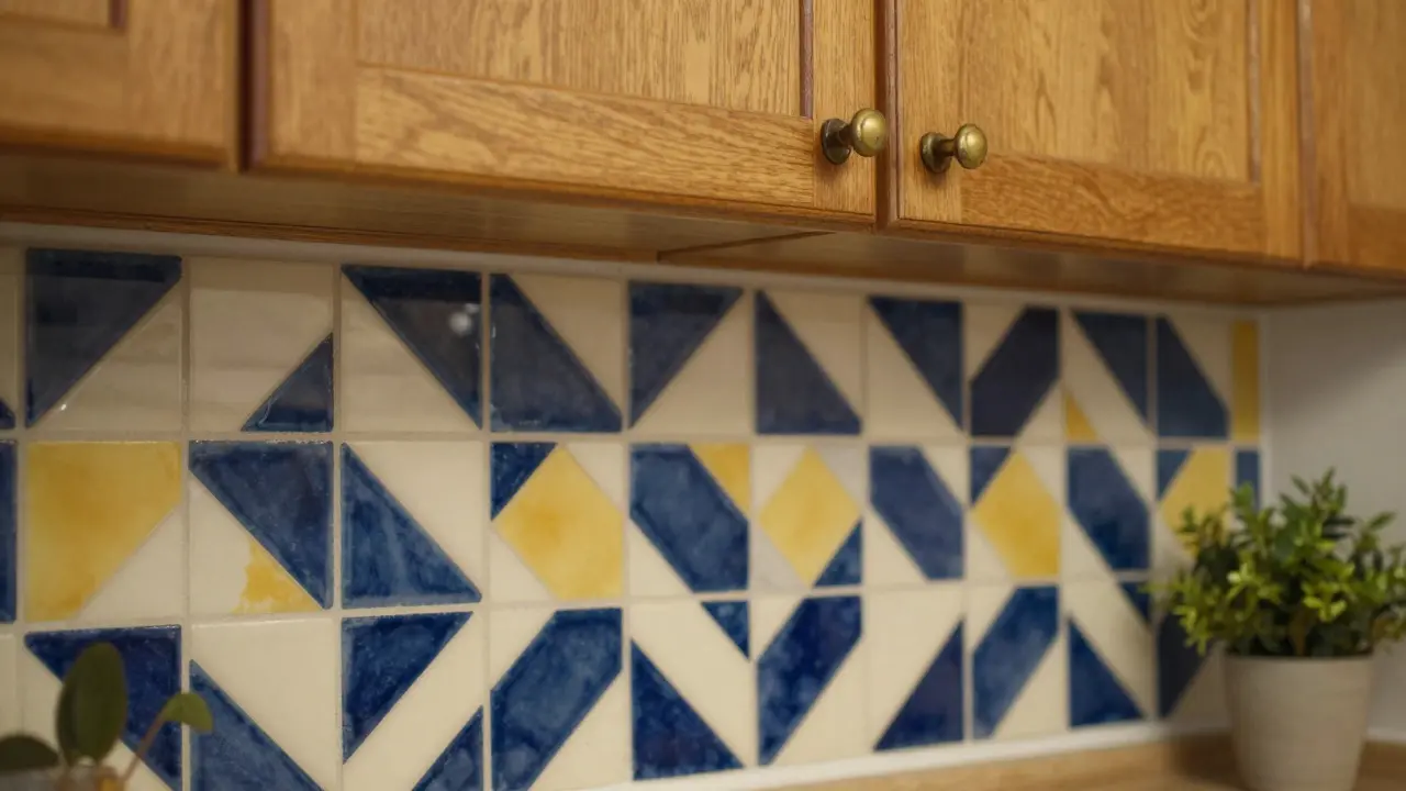 Detail kuchyňské linky s geometrickými dlaždicemi a bronzovými madly