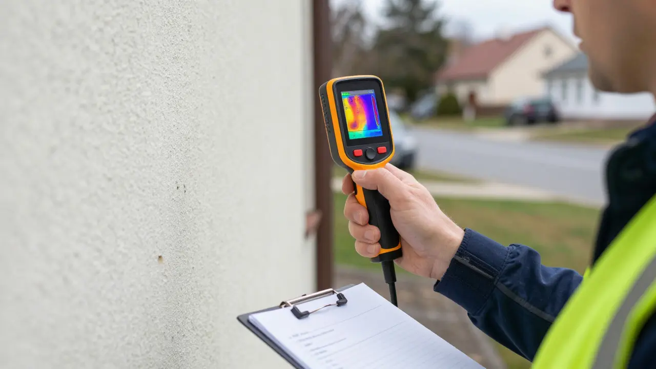 Energetický specialista kontroluje dům termovizní kamerou