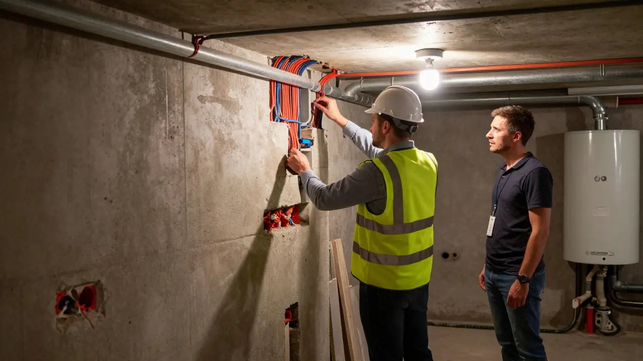 Kontrola elektroinstalace a potrubí v suterénu domu
