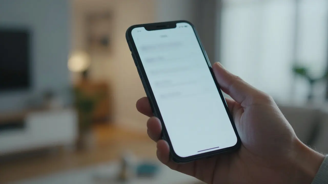 Ruka drží chytrý telefon před rozmazaným pozadím hezkého bytu