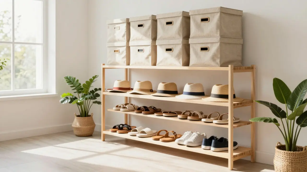 Uspořádaná letní předsíň s sandály a textilními úložnými boxy