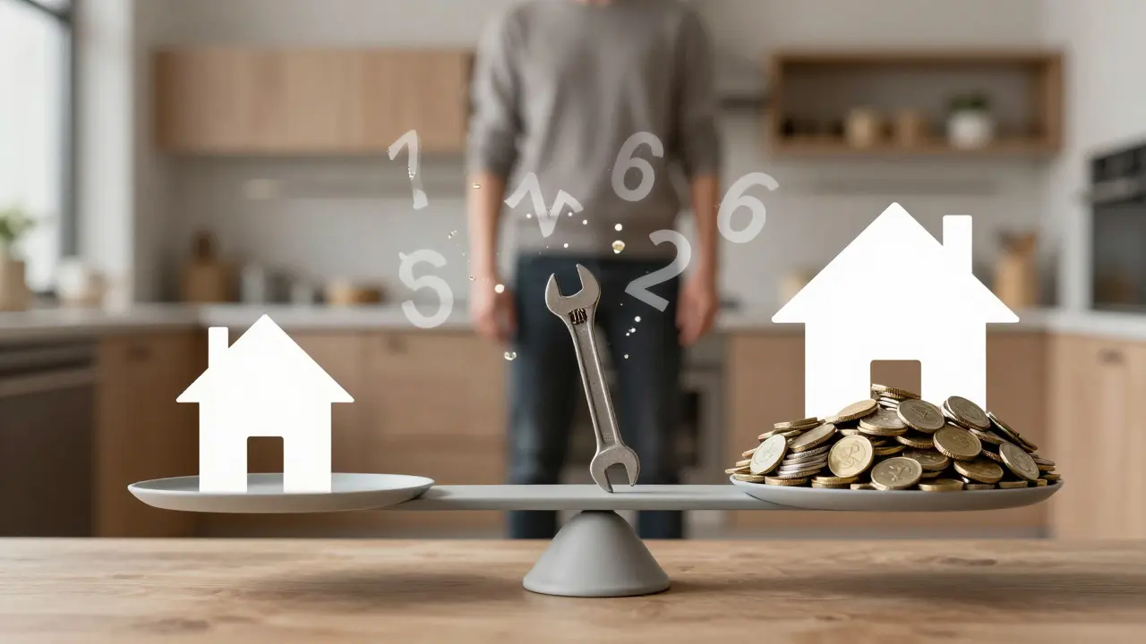 Conceptual art showing renovation costs versus market demand balance