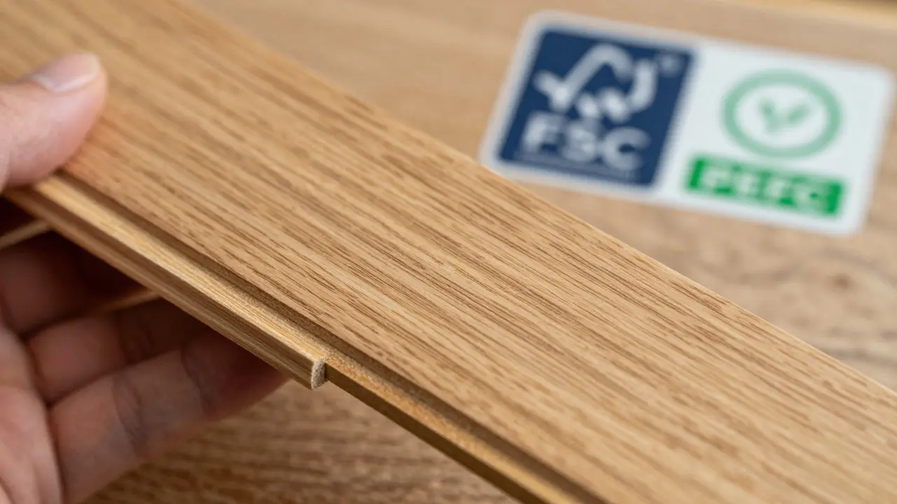 Detail dřevěné podlahy s rozmazanými certifikacemi FSC a PEFC na pozadí.