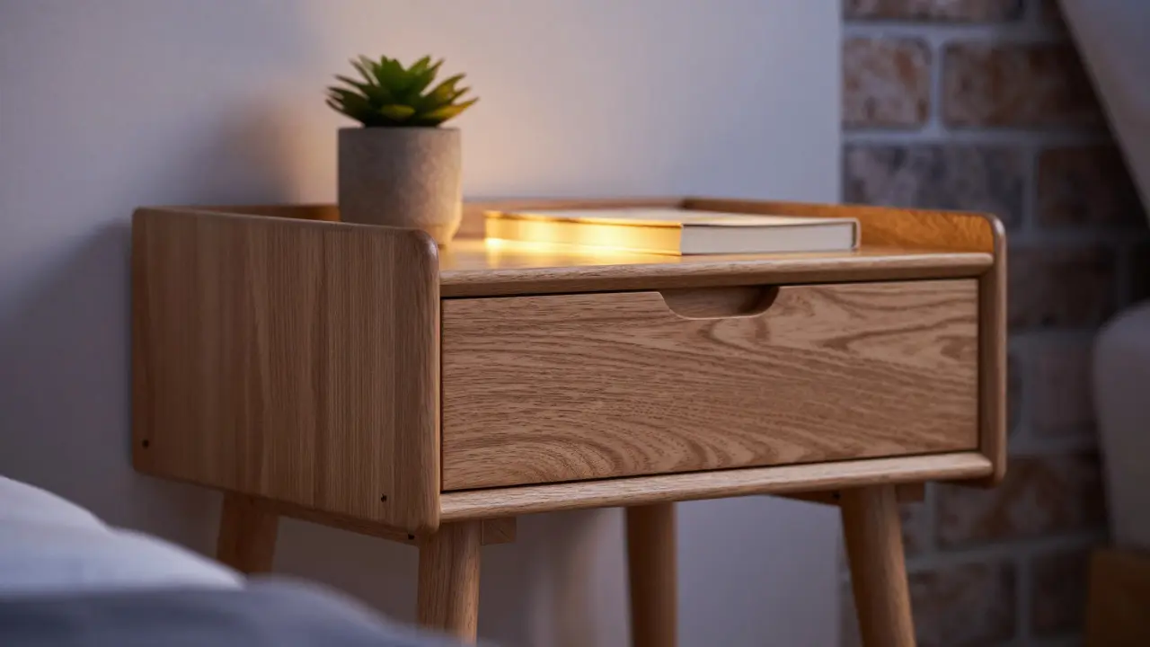 Detail dřevěného nástěnného stolku s integrovaným LED osvětlením