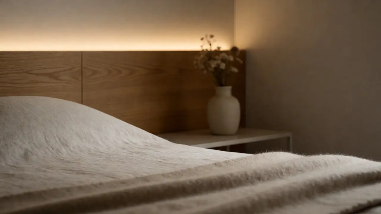 Detail textur lůžkovin a skryté LED osvětlení za čelem postele v teplých tónech
