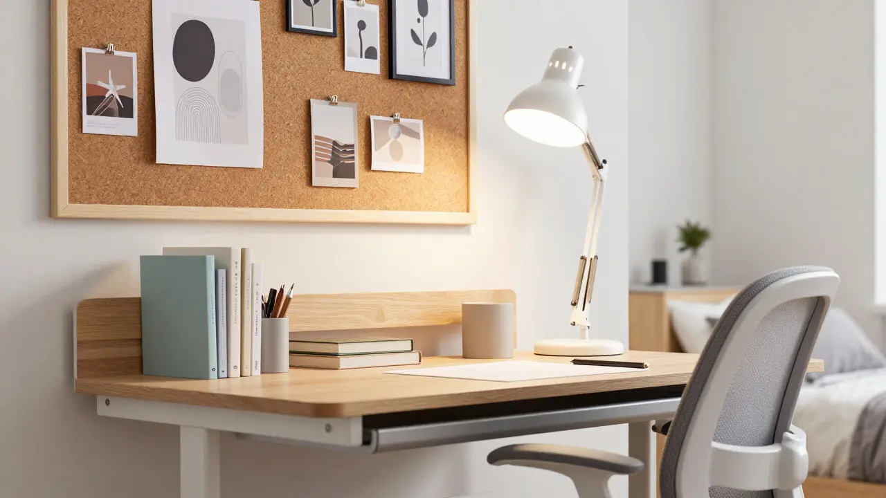 Ergonomické studijní místo s dřevěným stolem a korkovou tabulí