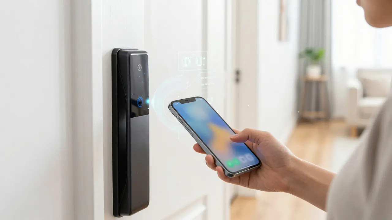 Hand using smartphone to connect a smart door lock instantly
