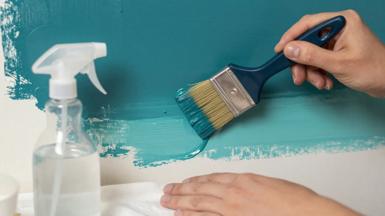 Hands using a brush to blend wet paint on an ombré wall