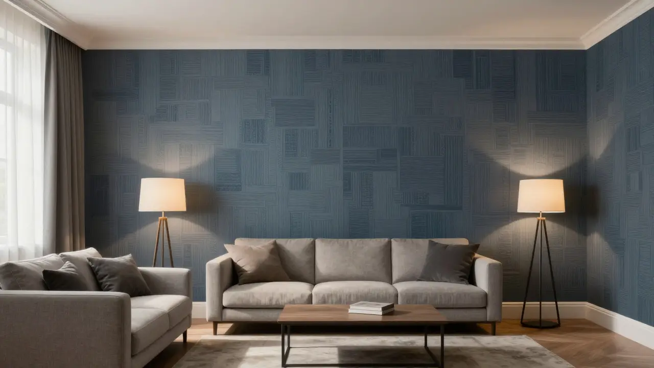 Hotový obývák s nově položenou geometrickou tapetou