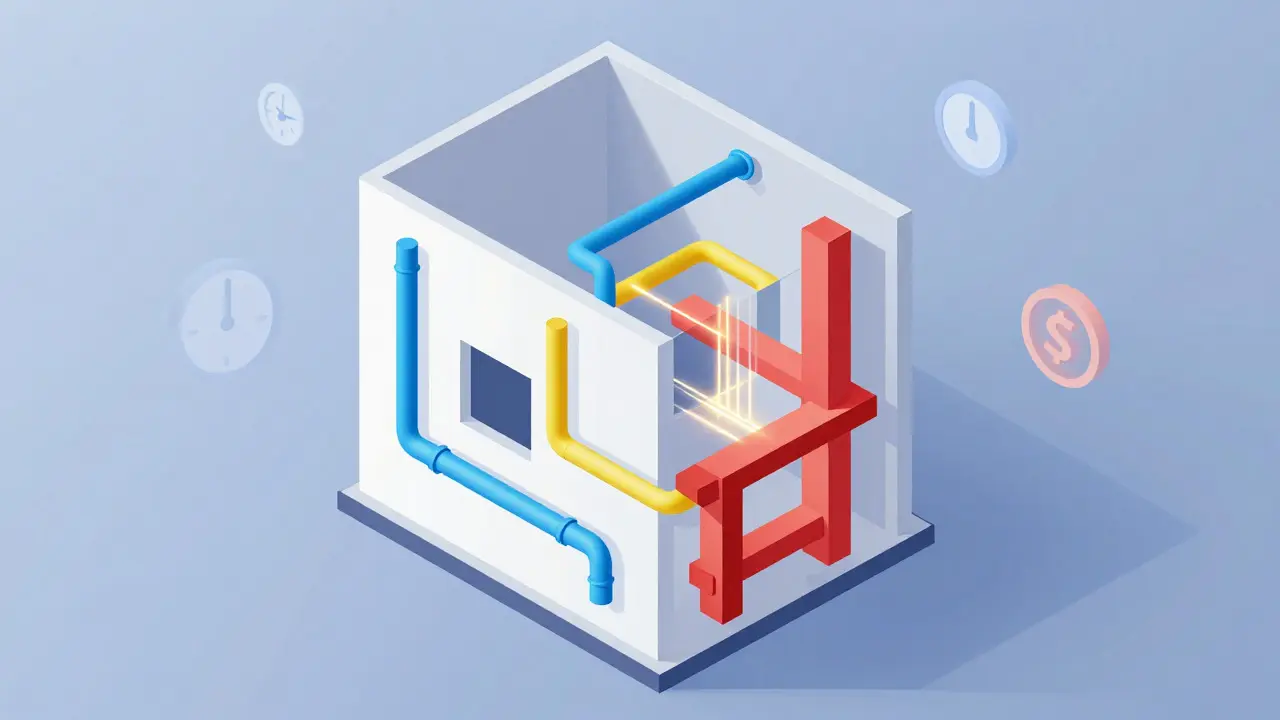 Izometrický řez zdí zobrazující skryté instalace a datové propojení v BIM modelu.