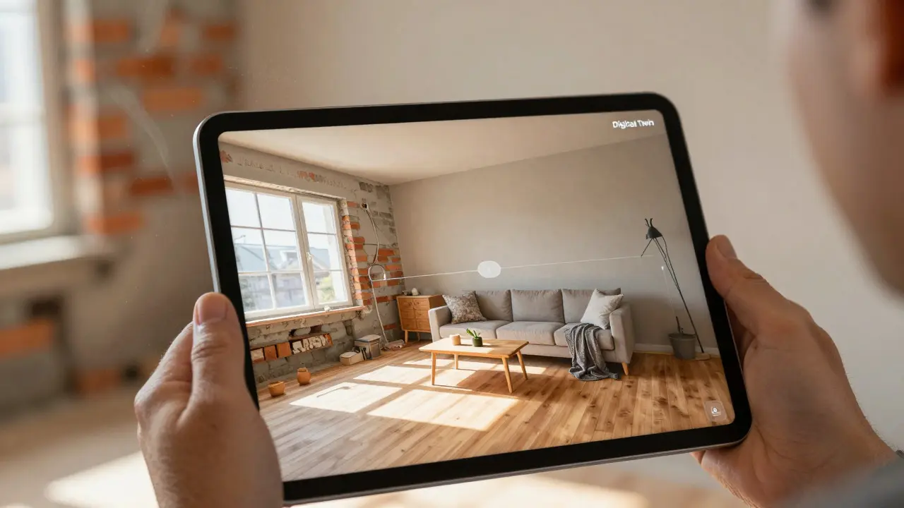 Klient drží tablet s 3D vizualizací interiéru před nedokončenou stavební rekonstrukcí.