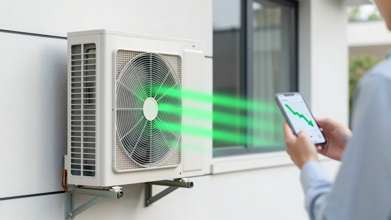 Moderní tepelné čerpadlo na fasádě symbolizující úsporu energií